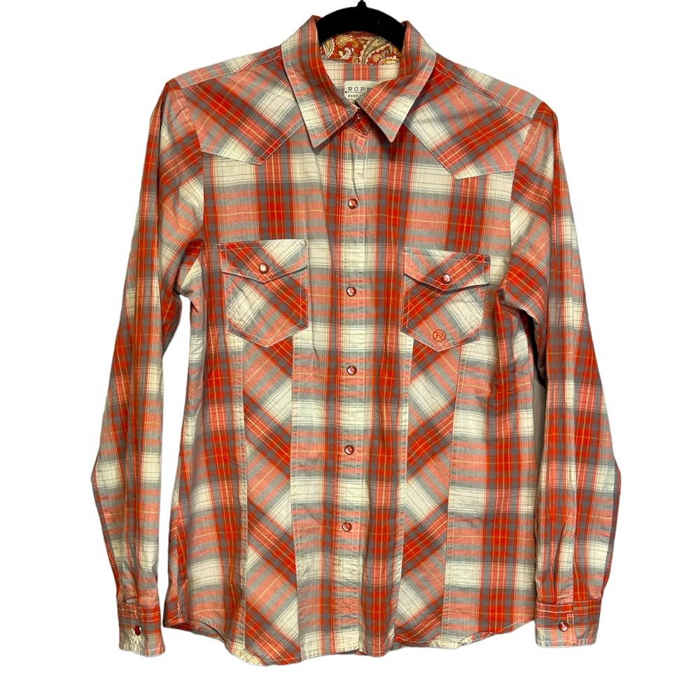 Roper Long Sleeve Snap Button Orange & Grey Plaid Western Cowgirl Shirt, M